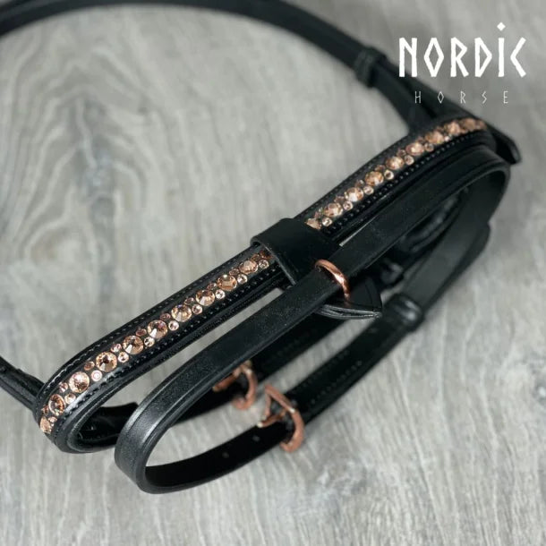 Nordic Horse, Englisch-kombinierter Nasenriemen, All Back/Weiß/Rosegold