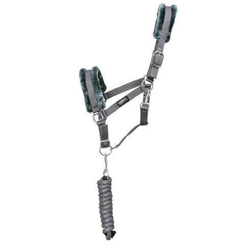 Top Reiter Halfter-Set "SOFT LINE" mit Plüsch und 2m Strick, grau/grün