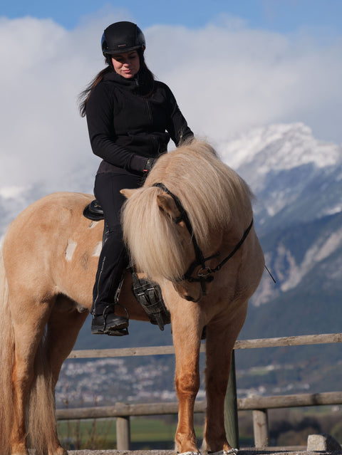 Eine Person mit schwarzem Helm und schwarzem Outfit reitet auf einem hellen Pferd mit langer Mähne, im Hintergrund sind verschneite Berge zu sehen.